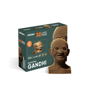 MAHATMA GHANDI 3D Puzzle Cartonic box featuring eco cardboard 3D Puzzle, detailed sculpture of Gandhi's head.